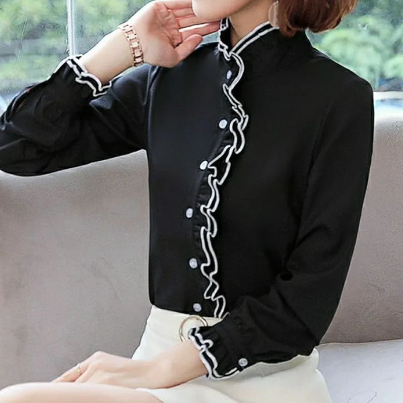 Autumn Winter Ruffles Fashion Spliced Long Sleeve Shirt Women\'s Clothing Elegant Commute Stand Collar Solid Color Button Blouse