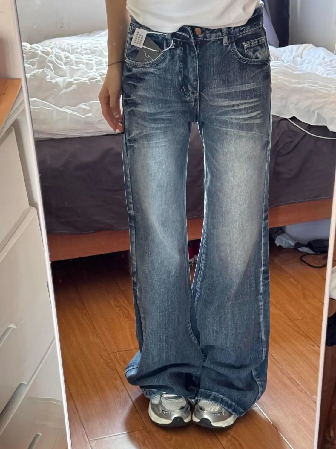 أنيقة الأمريكية عالية الخصر متوهج الجينز النساء الشتاء خمر غسلها فضفاضة تناسب مستقيم الساق السراويل التخسيس مريحة الدنيم