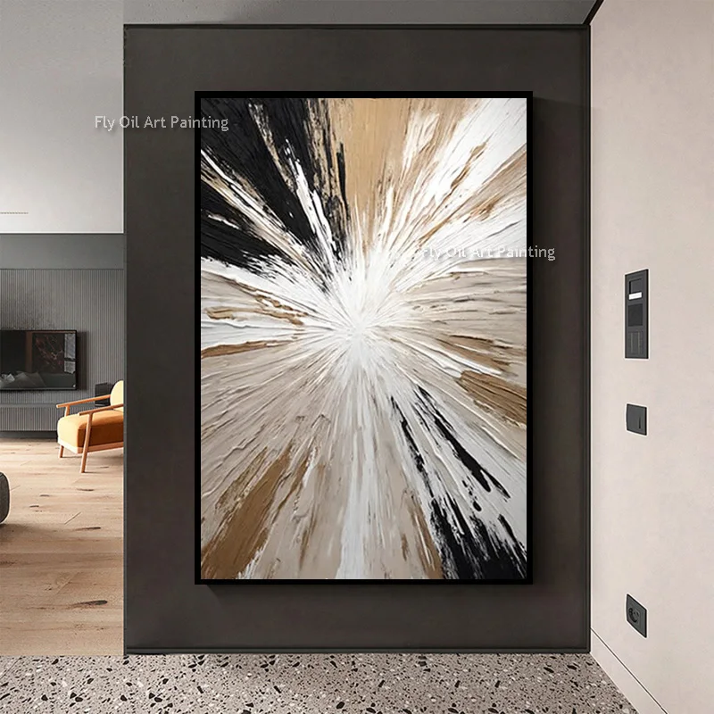 Hand Painted Impasto Abstract Oil Painting, Burst Radial Texture Palette Knife Art Neutral Tones Vertical Luxury Wall Decor