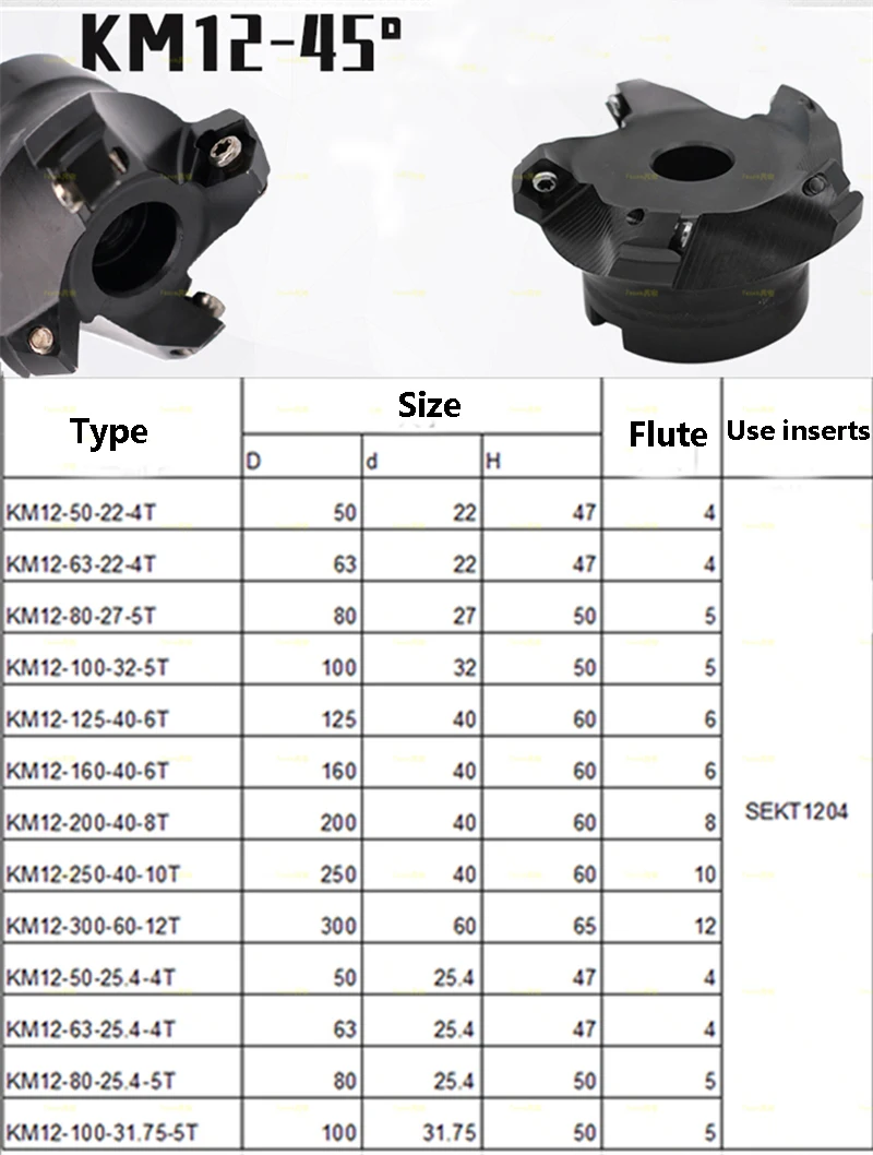 LIHAOPING 45 Degree KM12 Black Face Milling Cutter Head 50 63 80 100mm CNC Machine SEKT1204 Carbide Insert Tools for Aluminum