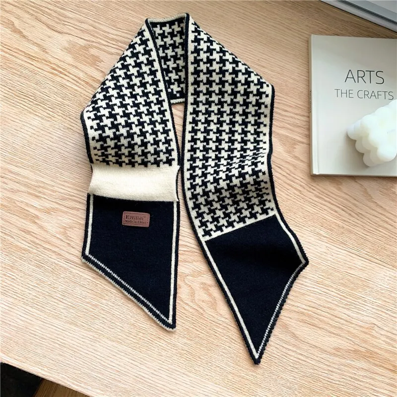 Warm Cashmere Neck Tie Scarf for Women Knitted Winter Houndstooth Long Skinny Soft Scarves Bandana Female Echarpe