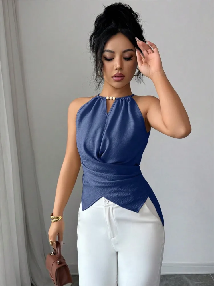 

Casual Solid Color Slim Tops For Women Summer 2026 Fashion Sleeveless Strap Off Shoulder Shirts Blouses Elegant
