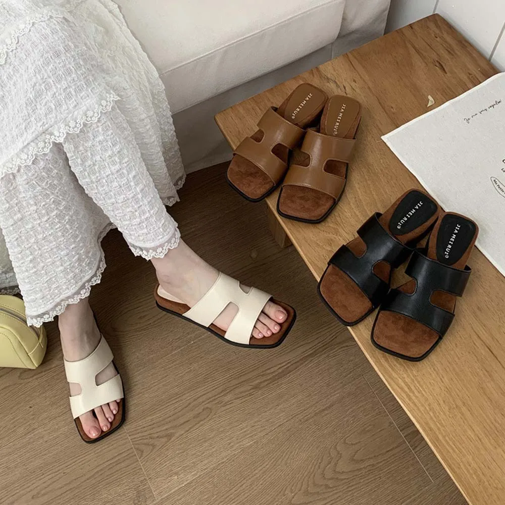 

Women Square Open Toe Band Upper Fashion Slide Sandals Pu Leather Wedge Slippers Leisure Slip on Mules Summer Beach Shoes
