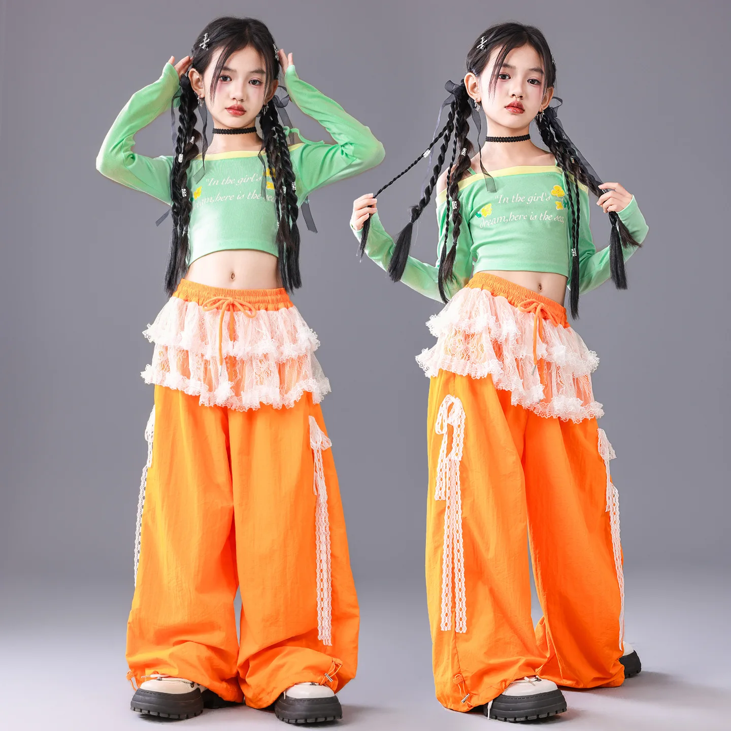

Kid Kpop Hip Hop Clothing Green Lace up Boat Neck Crop T Shirt Top White Lace Orange Wide Pants for Girls Dance Costumes Clothes