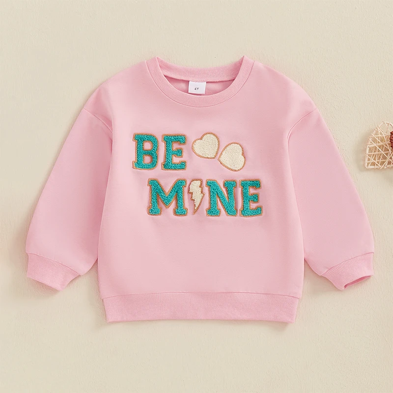 4-6Years Kids Girls Sweatshirts for Valentine's Day Fall Spring Casual Long Sleeve Round Neck Letter Heart Embroidery Pullovers