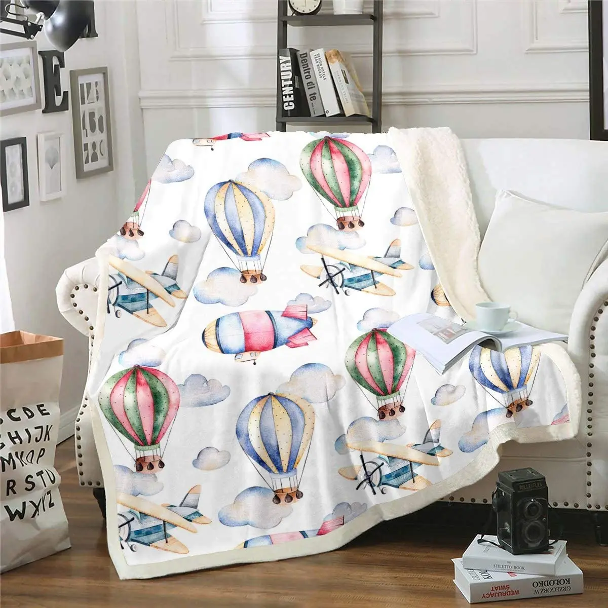 Balloon Throw Blanket Cute Watercolor Hot Air Balloons Pattern Decorative Soft Warm Cozy Flannel Plush Throws Blanket All Season