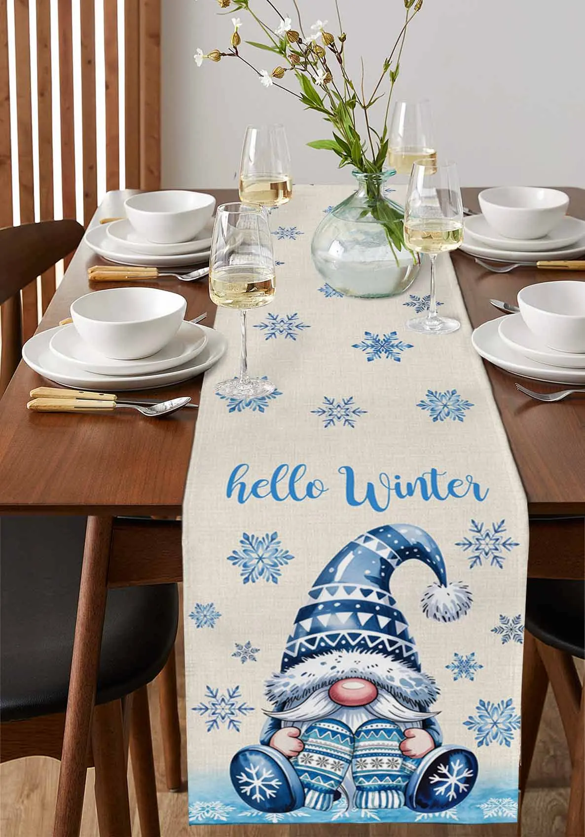 

Winter Blue Hat Gnome Snowflake Home Decorations Coffee Table Decor Tablecloth Table Kitchen Decorative Table Runner