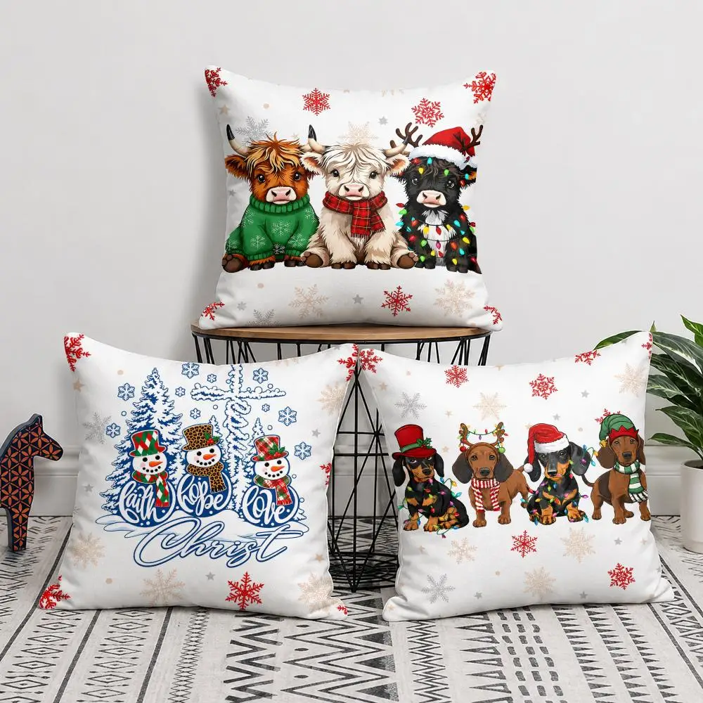 Christmas Highland Cows Cushion Cover Soft Short Plush Double-Sided Printing Home Decor Festival Party Pillow Case Gift