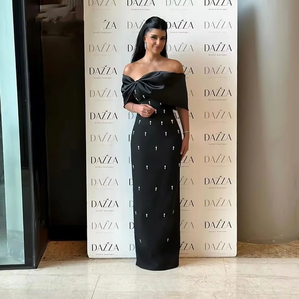 

Customized Black Evening Dresses Saudi Arabic Off The Shoulder Dubai Beaded Prom Party Dress Sheath Maxi Vestido de fiesta