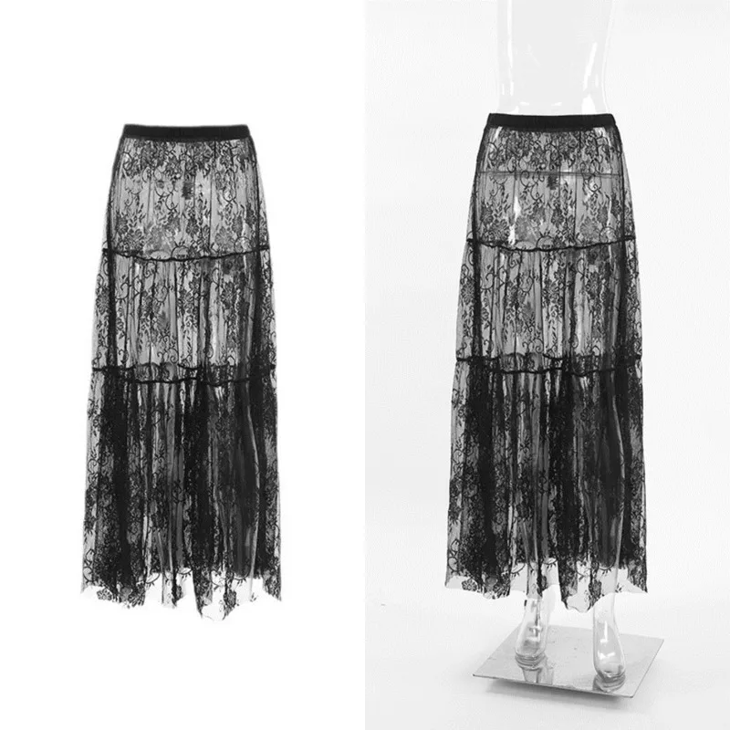 

Fashion Black Lace Long Skirts Women Sexy See Through Loose Flare Skirt Elegant Half Skirt For Summer Stylish Temperament Wear