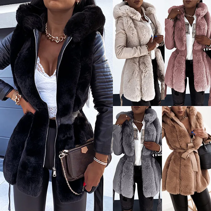 2023 Winter neue Frauen Temperament Kapuze Kunst pelz Mantel Mode Patchwork Leder groß mit Gürtel einfarbig Reiß verschluss Jacke