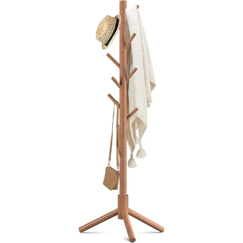 Wooden Coat Rack Stand with 8 Hooks New Zealand Pine 3 Adjustable Coat Standing Tree Easy Assembly for Coats, Hats, Scarves and