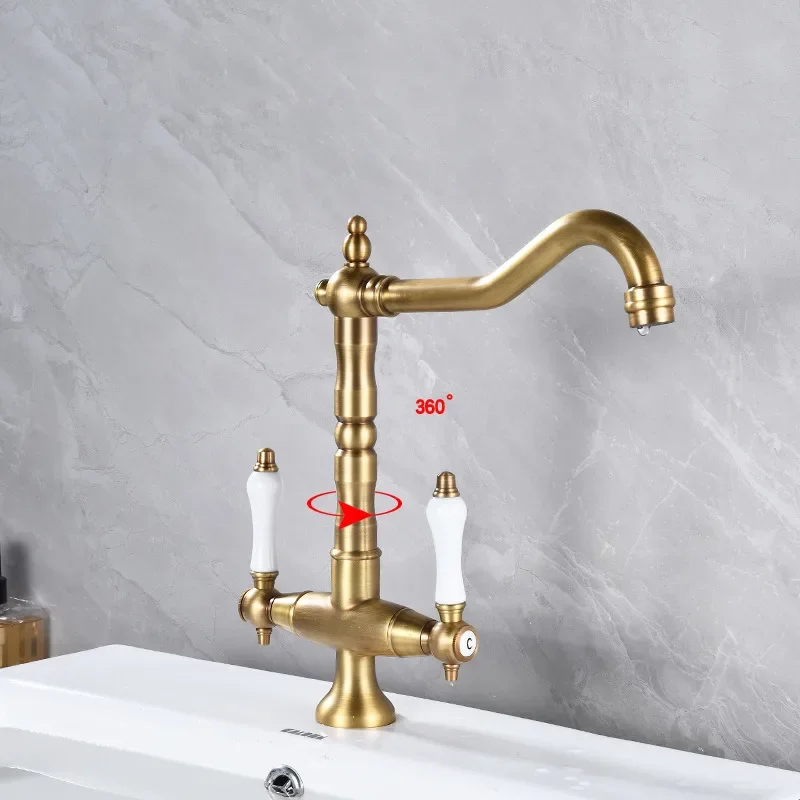 Basin Faucets Antique Bronze Bathroom Faucet Hot & Cold Brass Bathroom Sink Faucet Deck Mounted Lavotory Faucet Double Handle