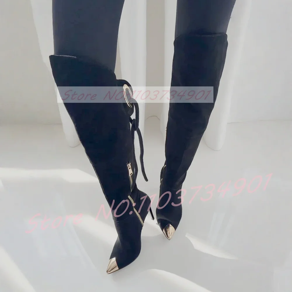 Beige Splicing Gold Toe Knee-High Boots Women Chic Metal Ring Lace-Up Pointed Toe High Heels Female Luxury Winter Events Boots view 6