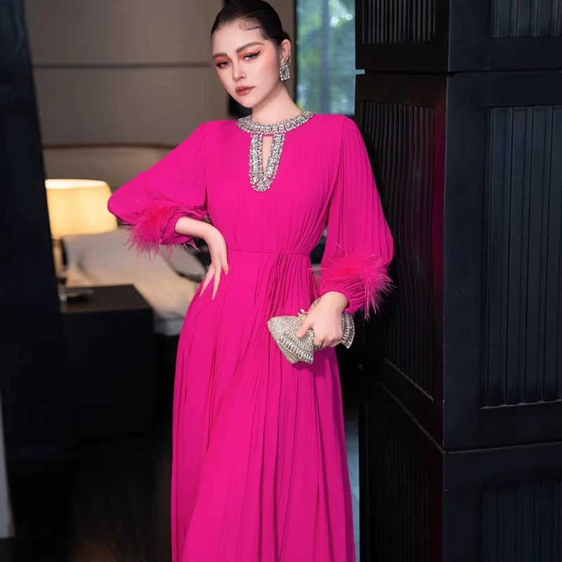 Heavy nail bead dress female autumn new temperament socialite banquet dress long dress