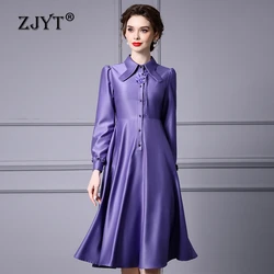 ZJYT Autumn 2024 Purple Elegant Dresses for Women Long Sleeve Designer Single Breasted Midi Party Dress Solid Casual Aline Robe