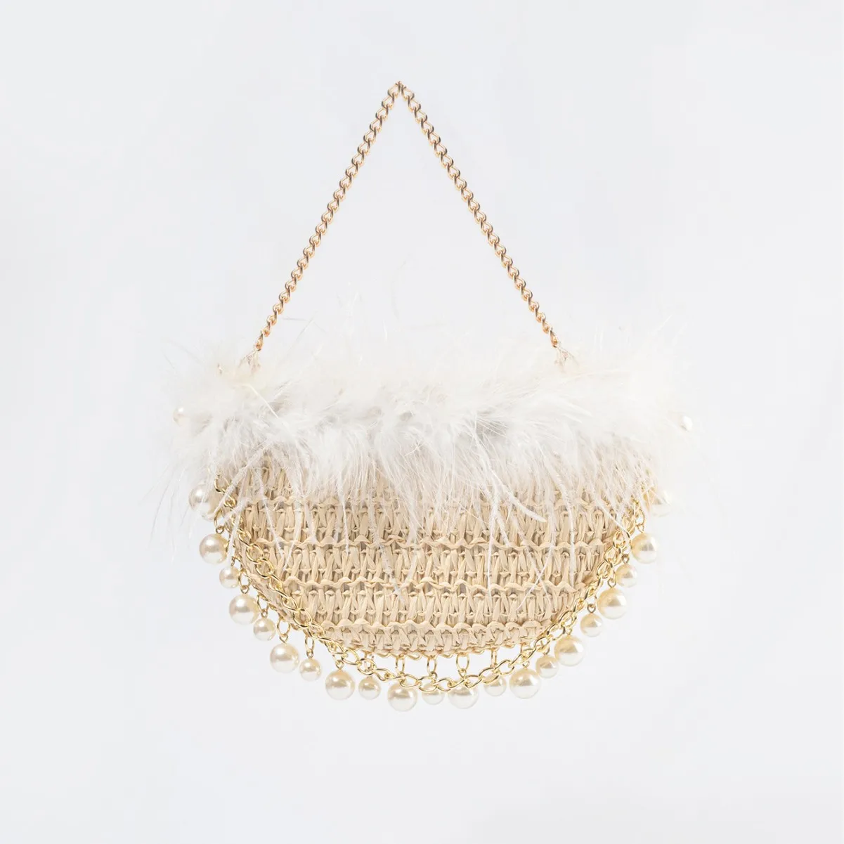 

Women Pearl Conch Handbag with Pearl Chain Elegant Handwoven Straw Shoulder Bag Breathable Holiday Beach Bag Seaside Soft Pouch