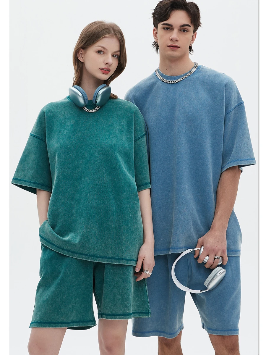 Sumuyoo Summer Couple Shorts T-shirt 2-Pieces Sets Summer Casual O-neck Short Sleeved Loose Pants Breathable Top Retro Suits