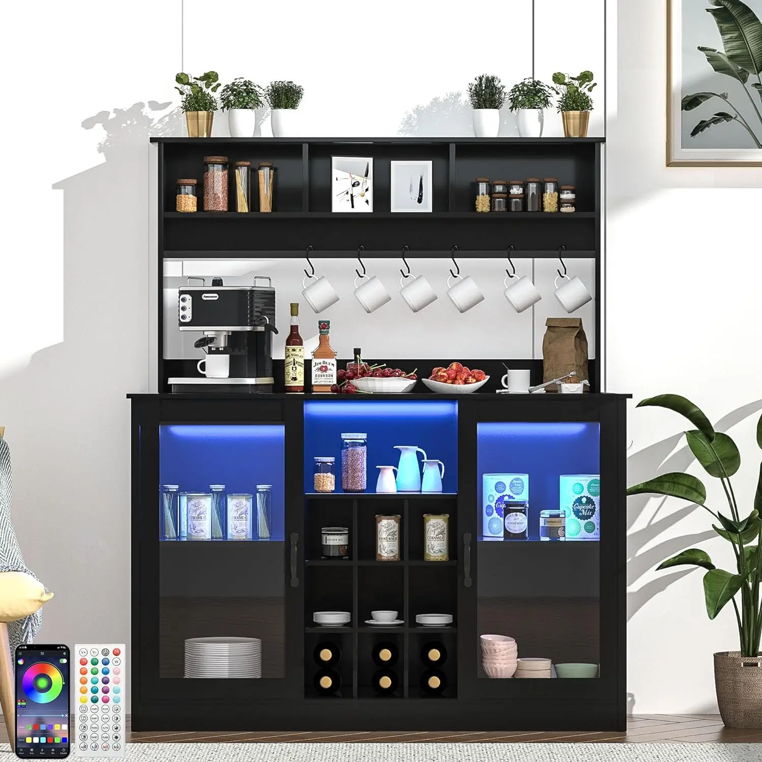Bar & Wine Cabinets with LED Light Liquor Cabinet Coffee Bar Cabinet with Power Outlet Kitchen Buffet Sideboard with Storage