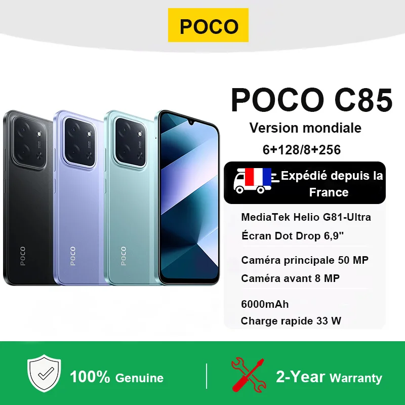 Smartphone POCO C85 4G Version Globale MediaTek Helio G81-Ultra Appareil Photo Principal 50MP Batterie 6000mAh Charge Rapide 33W