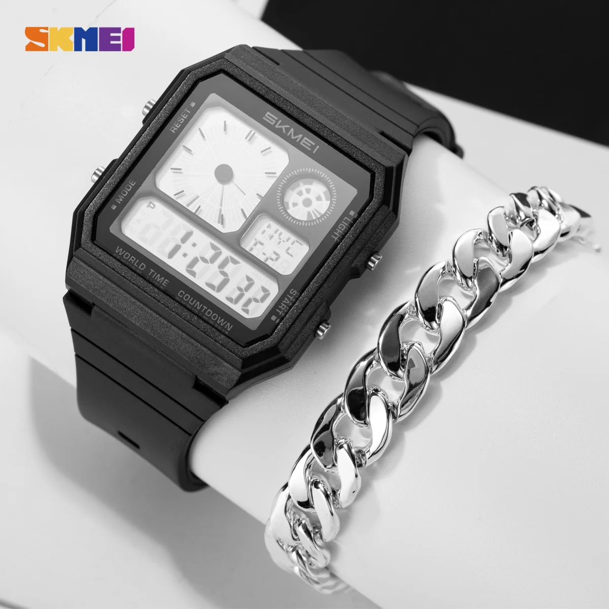 

SKMEI цифровые спортивные электронные часы для мужчин, женщин, студентов, водонепроницаемые, мировое время, хронограф, наручные часы и браслет, подарки