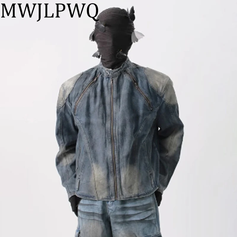 

MWJLPWQ American ZIpper Design Male Denim Jacket Washed Shoulder Pad Streetwear Silhouette Distress Men's Casual Tops New 010704