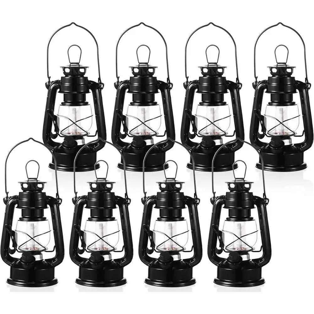 

8-Pack 8 Vintage LED Lanterns, Black Metal, Battery-Powered with Warm Light and Dimmer for Outdoor or Indoor Rustic Decor