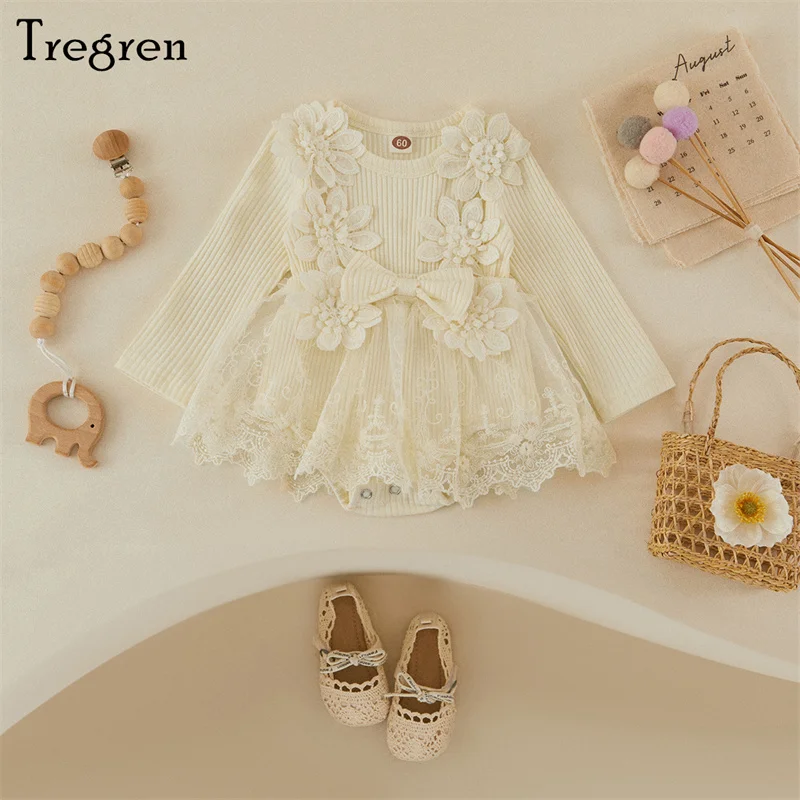 Tregren 0-18M Newborn Baby Girls Romper Dress Fall Winter Long Sleeve Crew Neck Flower Bow Tulle Patchwork Bodysuit Clothes