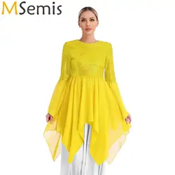 Bayan bale lirik dans kilisesi bindirmeleri elbise üst ile Maxi etek ibadet kostüm Sequins şifon övgü dans tunik Tops