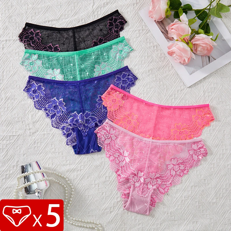 5pcs Lace Perspective Floral Women Panties Mid Waist Breathable Comfortable Lady Briefs Embroidery Underwear Female Underpants