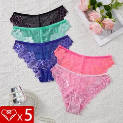 5pcs Lace Perspective Floral Women Panties Mid Waist Breathable Comfortable Lady Briefs Embroidery Underwear Female Underpants