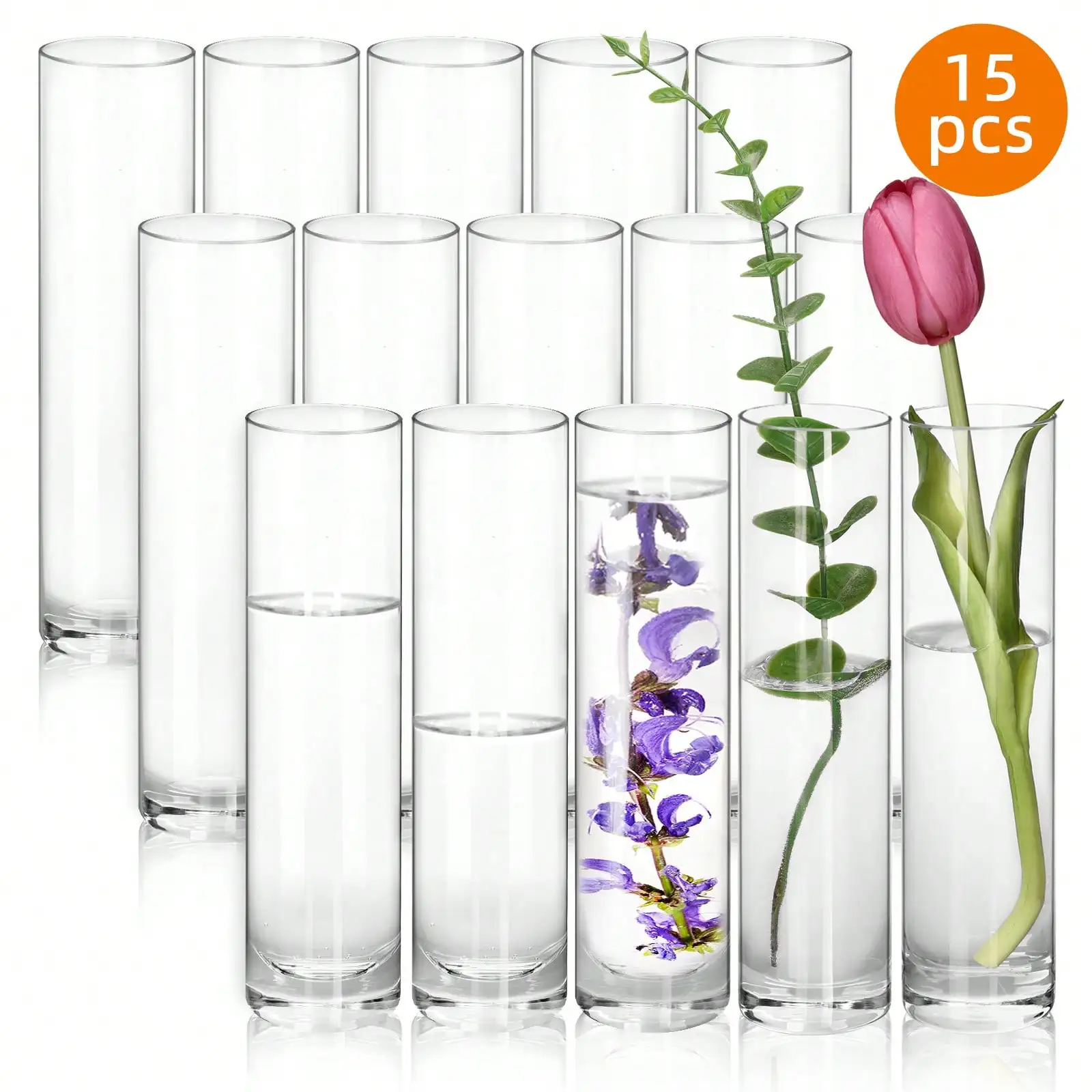 Glass Cylinder Bud Vases (15/30/45 Pack), 7.5-Inch Tall Clear Hurricane Candle Holders, Floating Centerpiece Vases For Weddings,