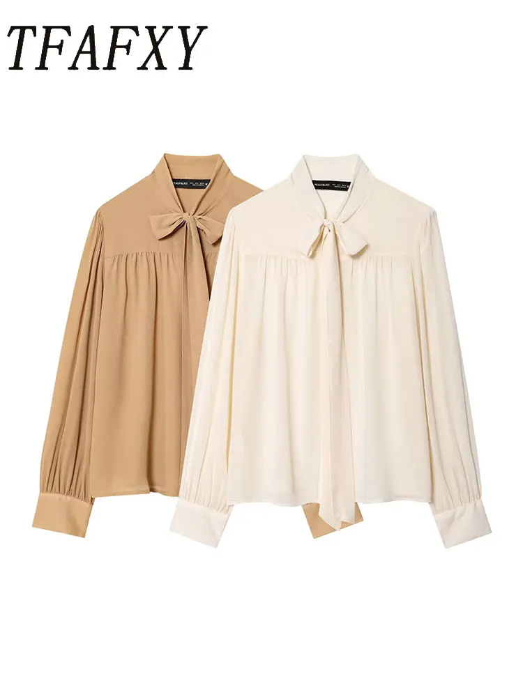 TFAFXY Damen-Hemden, solide Schleife, O-Ausschnitt, lange Ärmel, lockere Bluse, neue Mode, Herbst-Temperament-Bluse