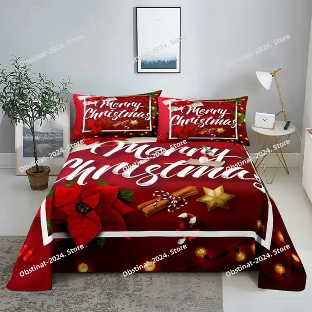 

Merry Christmas Bed Sheet Set with Pillowcase 3D Print Santa Claus Home Decor New Year King Queen Full Size Red Bed Flat Sheet