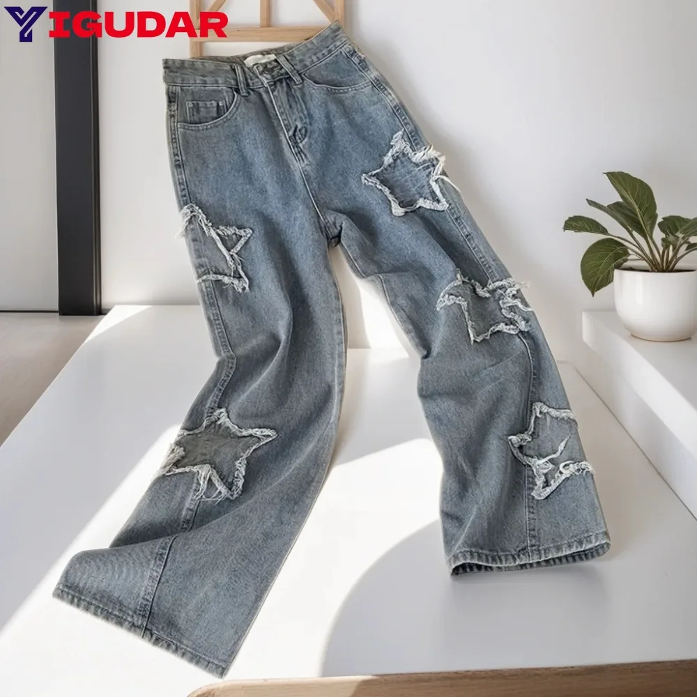 

Streetwear 2024 Star Straight Casual Men Jeans Neutral New Wide Leg Loose Hip-hop cargo pants Fashion Streetwear Denim Trousers