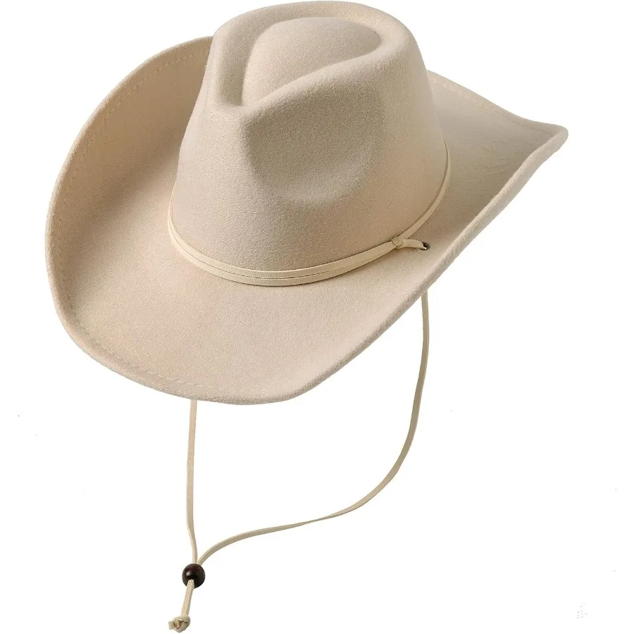 

Retro Felt Wide Brim Western Cowboy Cowgirl Hat for Dress Up Events WindResistant Lanyard Included Ideal for Outdoor Festivals