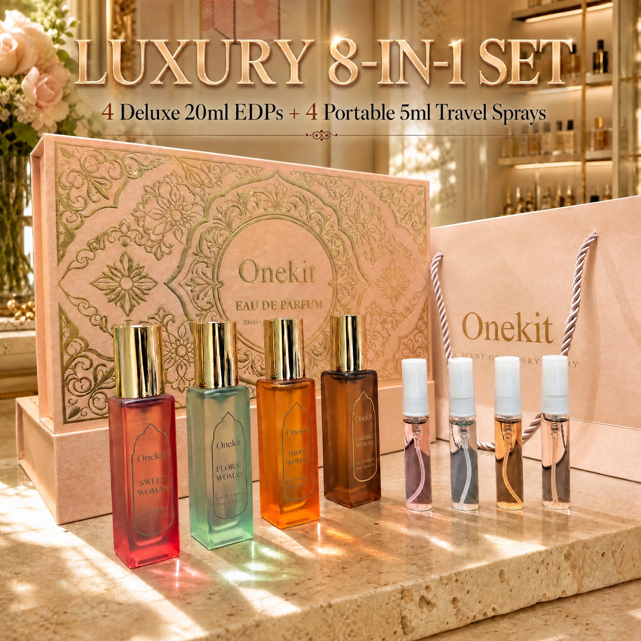 Onekit 8-Piece Women's Perfume Gift Set, Long Lasting 4x20ml EDP & 4x5ml Travel Sprays with Box & Bag, Vanilla Peach Coconut Scent for Daily Wear, Dates, Parties & Vacation, Birthday & Holiday Gift for Her, Mom, Wife