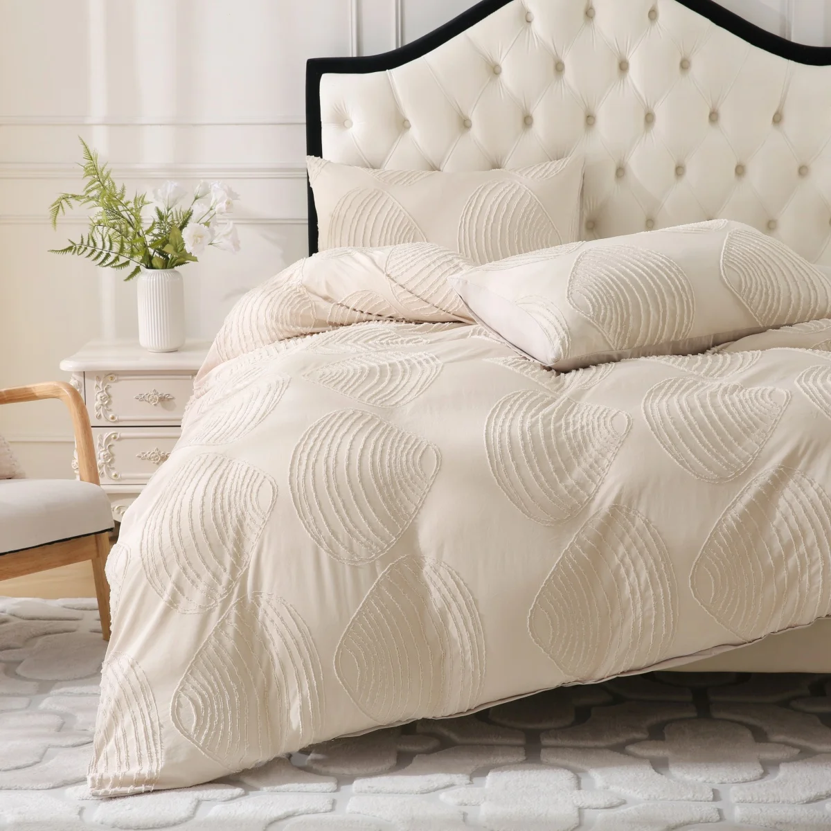 غطاء لحاف بيج توين كوين، 2/3 قطعة من قماش الجاكار الجمالي المزخرف، طقم سرير رث أنيق على طراز المزرعة