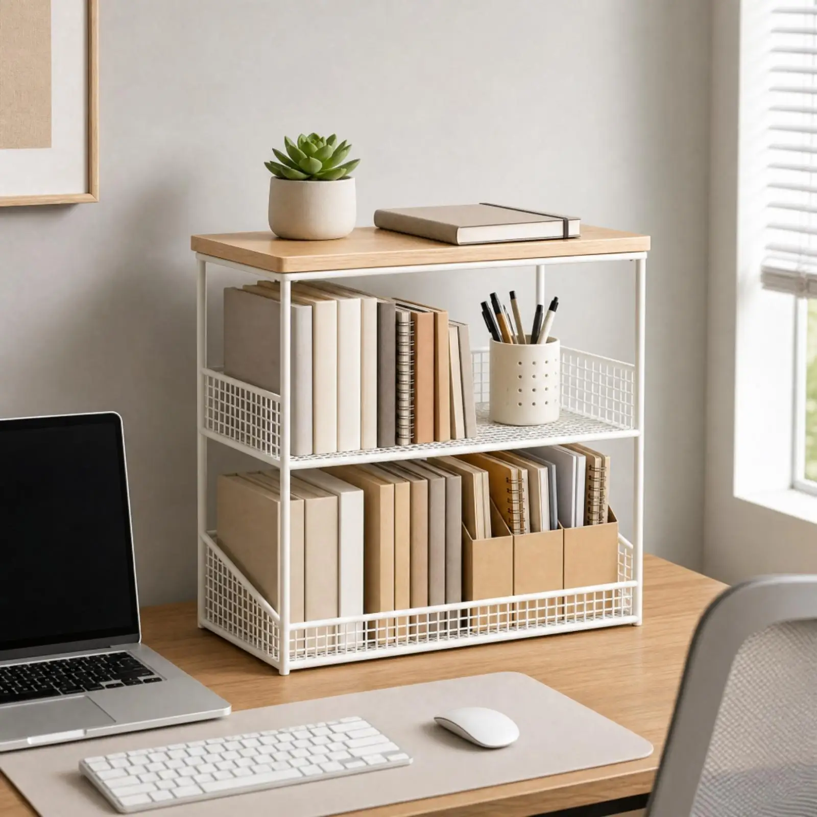 3-Tier Under-Desk Organizer with Wood Top Space-Saving Freestanding Under-Desk Storage Rack Multi-Level Wire Mesh Shelf Compact