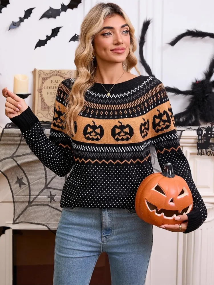 Women Halloween Pumpkin Knit Sweater Fashion New O-Neck Long Sleeve Pullover Loose Casual Autumn Winter Holiday Party Top