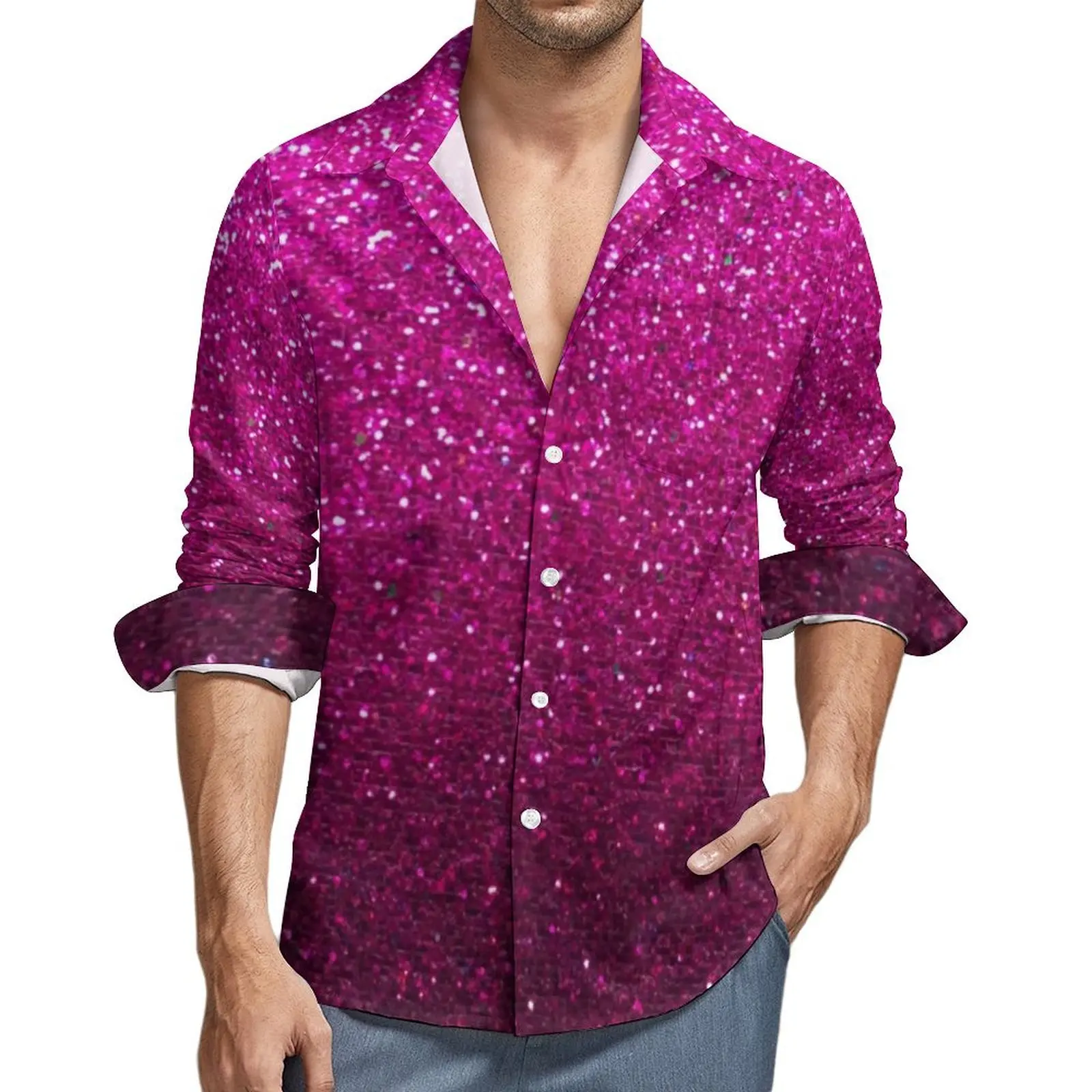 Mens Shirt Metallic Glitter Print Casual Shirts Long Sleeve Pink Ombre Sparkles Harajuku Blouse Autumn Design Oversized Clothing