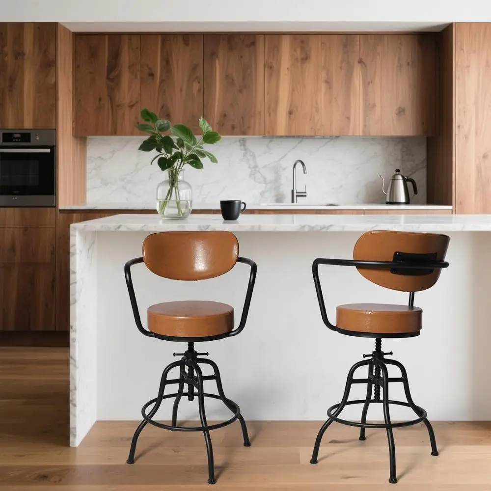 مقعد مرتفع قابل للتعديل من الجلد البني العتيق مع مسند ظهر منجد، 21.65-26 #4