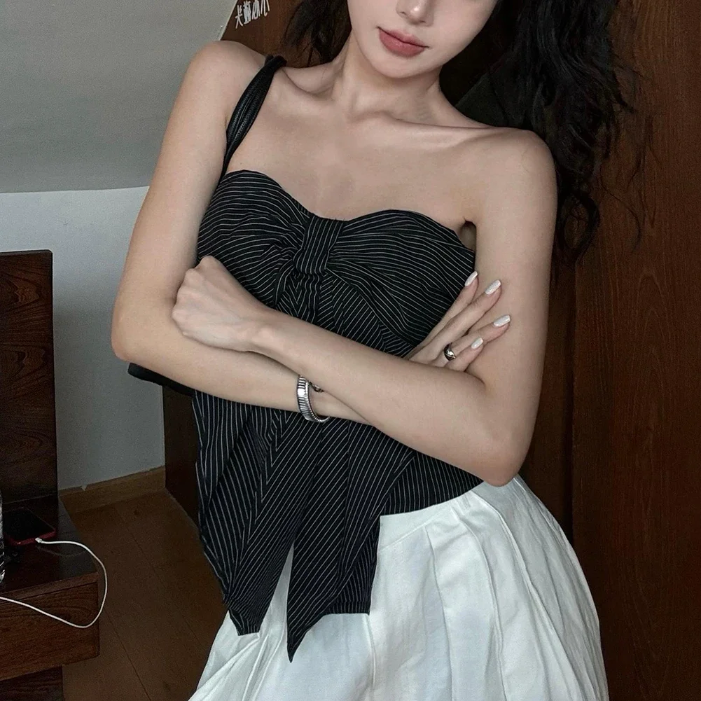 Gilet à la mode avec détail de nœud, gilet à la mode, Style fille chaude, haut rayé avec nœud noir, vêtements de vacances, tout neuf, usage quotidien