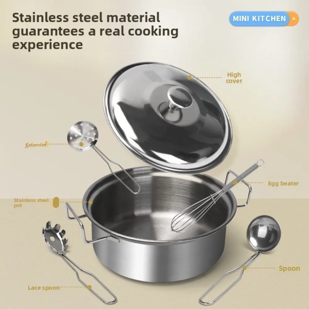 

Игровой кухонный набор из нержавеющей стали: мини-кастрюля, лопатка, посуда из нержавеющей стали с крышкой, интерактивный, для детской кухни