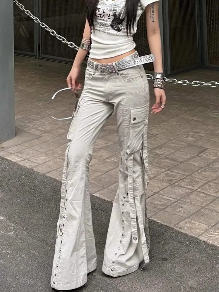 

American High Street Design Sense Multi-Pocket Streamer Work Pants Women Summer Y2k Millennial Style Low Waist Slim Flared Pants