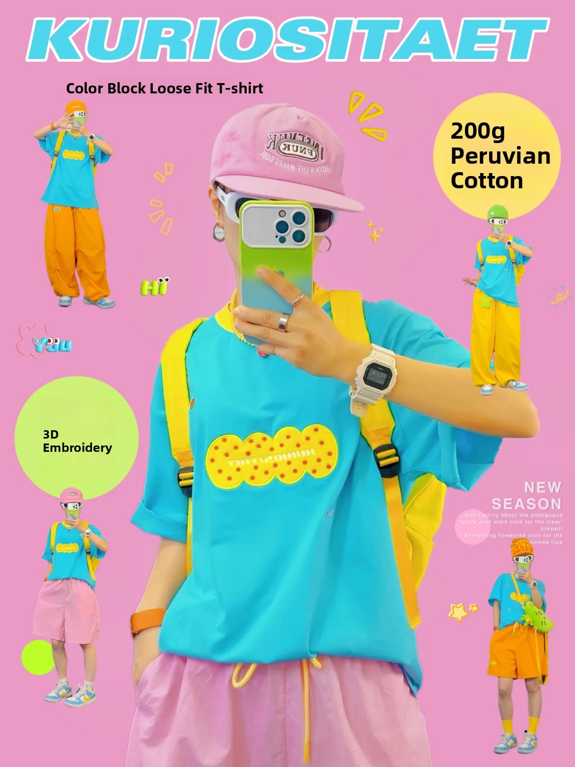 Blue Short Sleeve Casual Loose Breathable Children's Embroidery T-shirt  Power Original Summer Outing Dopaamine Leisure