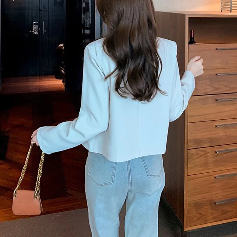 Fashion Long Sleeve Cropped Blazers Women Autumn Single-Button Solid Color Blazer Woman All Match Office Suit Jacket Female