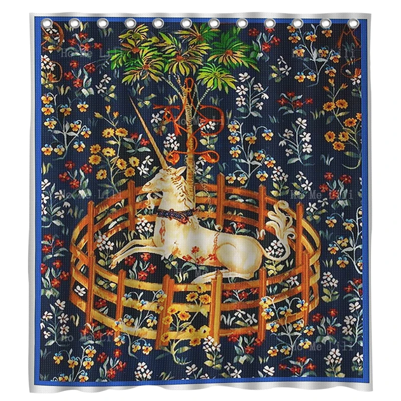 Pure White And Navy Blue The Last Unicorn Captivity Vintage Medieval Sign Noble Animal Paintings Shower Curtains By Ho Me Lili