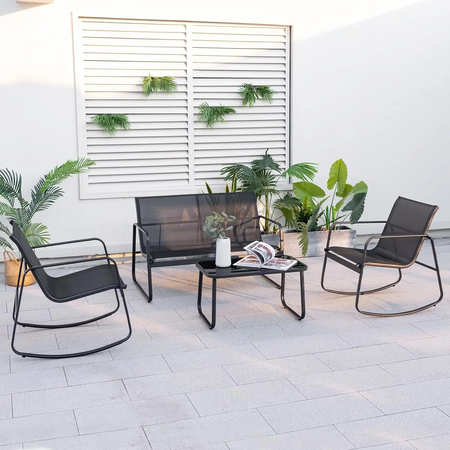 Tangkula-Patio Rocking Set with Glass-Top Table, móveis lisos, 2 cadeiras de balanço, Loveseat, 4 pcs