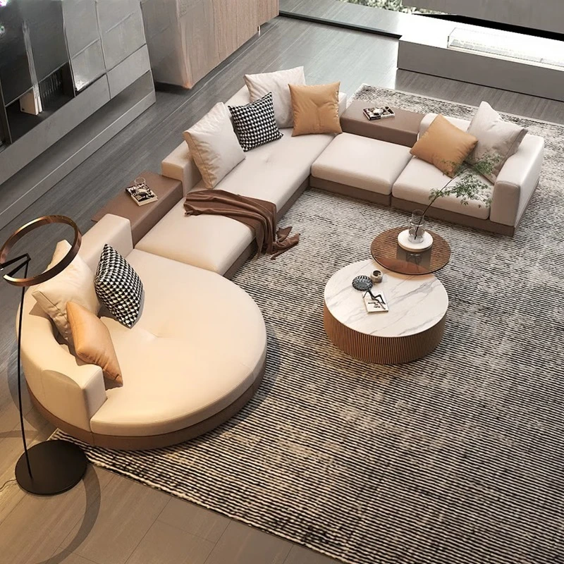 Italian light luxury circular arc high-end light luxury leather sofa villa living room